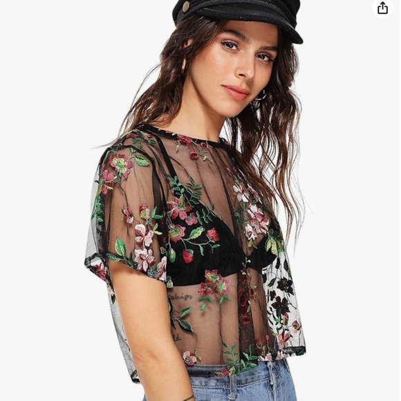 Sheer Mesh Floral Embroidered Top Short Sleeve Shirt, Size Small - Picture 1 of 10